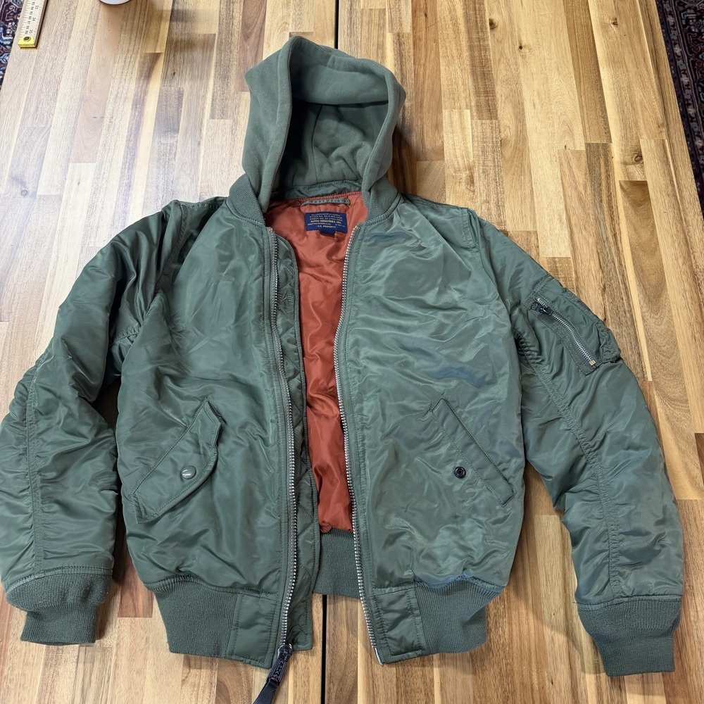 Alpha Industries MA-1 Hooded Bomber Jacket XS Flight Green Orange Lined Military